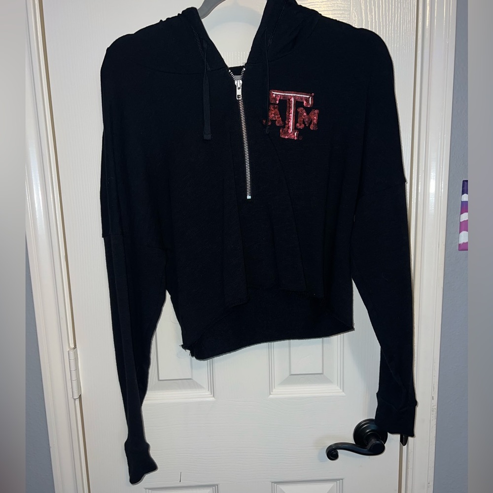 VS Pink Cropped Long Sleeve Lightweight Hoodie Texas A&M College